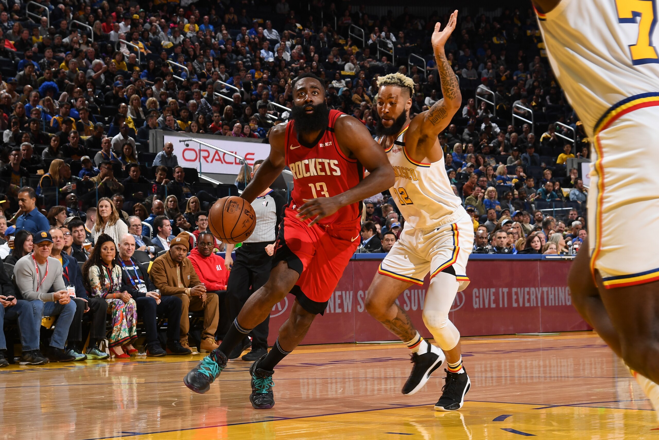 SAN FRANCISCO, CA - FEBRUARY 20: James Harden #13 of the Houston Rockets handles the ball against the Golden State Warriors on February 20, 2020 at Chase Center in San Francisco, California. NOTE TO USER: User expressly acknowledges and agrees that, by downloading and or using this photograph, user is consenting to the terms and conditions of Getty Images License Agreement. Mandatory Copyright Notice: Copyright 2020 NBAE (Photo by Noah Graham/NBAE via Getty Images)