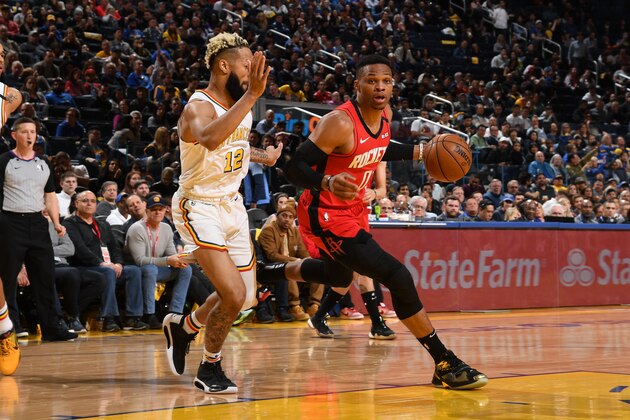 SAN FRANCISCO, CA - FEBRUARY 20: Russell Westbrook #0 of the Houston Rockets handles the ball against the Golden State Warriors on February 20, 2020 at Chase Center in San Francisco, California. NOTE TO USER: User expressly acknowledges and agrees that, by downloading and or using this photograph, user is consenting to the terms and conditions of Getty Images License Agreement. Mandatory Copyright Notice: Copyright 2020 NBAE (Photo by Noah Graham/NBAE via Getty Images)