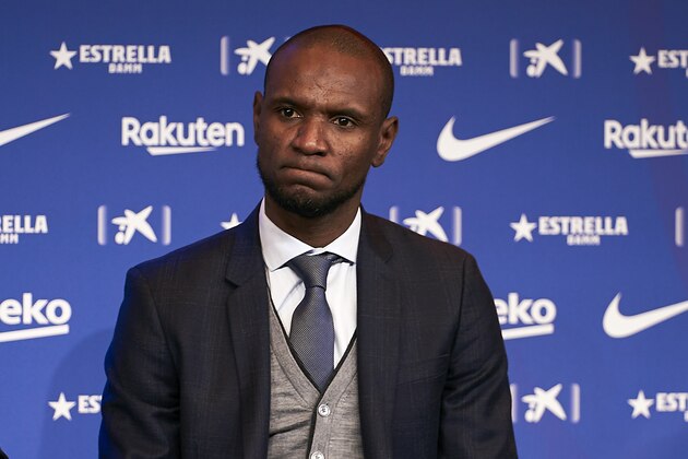 BARCELONA, SPAIN - JANUARY 14: Sports Director of FC Barcelona Eric Abidal looks on during the New FC Barcelona head coach Quique Setien unveiling at Camp Nou on January 14, 2020 in Barcelona, Spain. (Photo by Quality Sport Images/Getty Images)