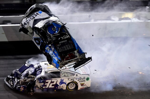 DAYTONA BEACH, FLORIDA - FEBRUARY 17: Ryan Newman, driver of the #6 Koch Industries Ford, and Corey LaJoie, driver of the #32 RagingBull.com Ford, crash during the last lap of the  NASCAR Cup Series 62nd Annual Daytona 500 at Daytona International Speedway on February 17, 2020 in Daytona Beach, Florida. (Photo by Jared C. Tilton/Getty Images)