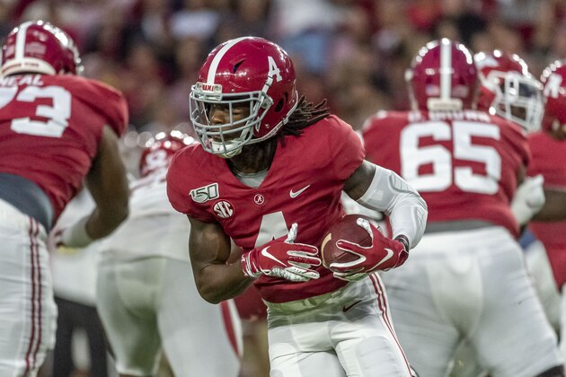 Alabama wide receiver Jerry Jeudy (4) runs the ball against Arkansas during the first half of an NCAA college football game, Saturday, Oct. 26, 2019, in Tuscaloosa, Ala. (AP Photo/Vasha Hunt) Alabama wide receiver Jerry Jeudy (4) runs the ball against Arkansas during the first half of an NCAA college football game, Saturday, Oct. 26, 2019, in Tuscaloosa, Ala. (AP Photo/Vasha Hunt)