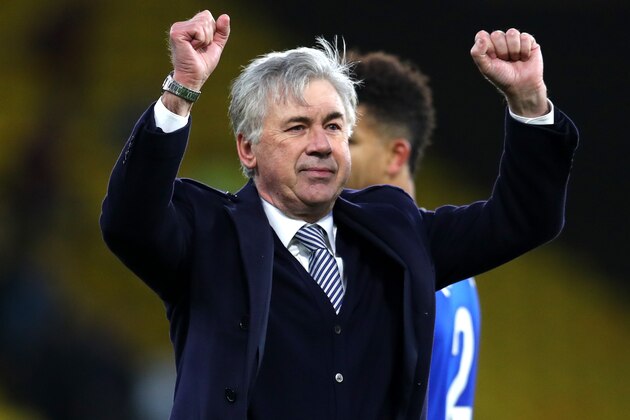 WATFORD, ENGLAND - FEBRUARY 01: Carlo Ancelotti, Manager of Everton celebrates victory after the Premier League match between Watford FC and Everton FC at Vicarage Road on February 01, 2020 in Watford, United Kingdom. (Photo by Catherine Ivill/Getty Images)