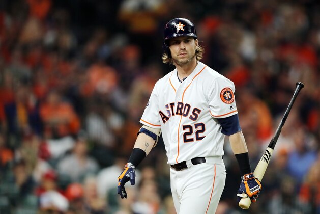 HOUSTON, TEXAS - OCTOBER 29:  Josh Reddick #22 of the Houston Astros reacts after striking out against the Washington Nationals during the third inning in Game Six of the 2019 World Series at Minute Maid Park on October 29, 2019 in Houston, Texas. (Photo by Elsa/Getty Images)