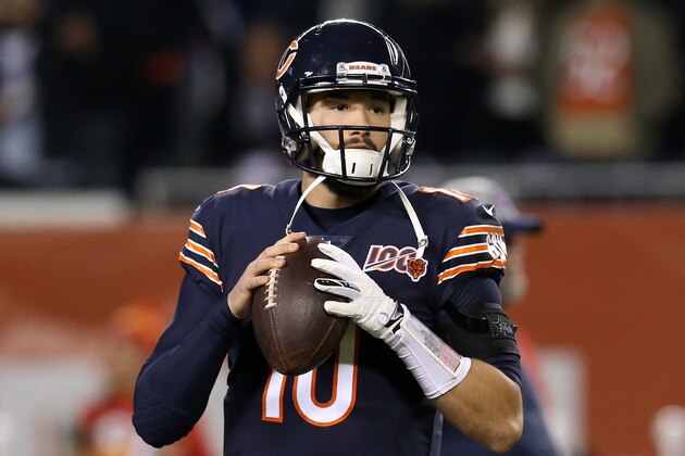 CHICAGO, ILLINOIS - DECEMBER 22: Quarterback Mitchell Trubisky #10 of the Chicago Bears looks to pass during warm ups before taking on the Kansas City Chiefs in the game at Soldier Field on December 22, 2019 in Chicago, Illinois. (Photo by Dylan Buell/Getty Images)