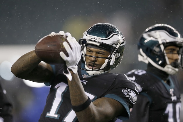 Philadelphia Eagles' Alshon Jeffery is seen before the start of an NFL football game against the New York Giants, Monday, Dec. 9, 2019, in Philadelphia. (AP Photo/Michael Perez)