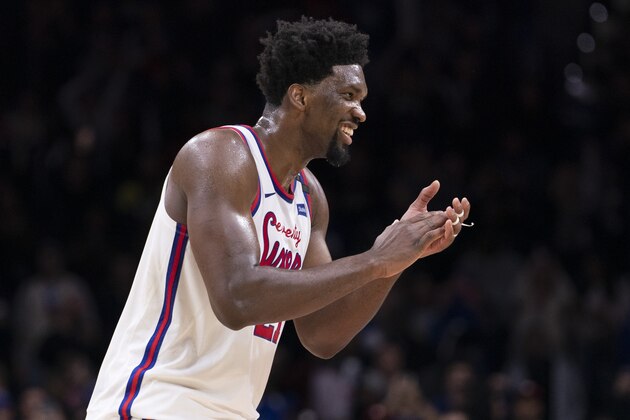 PHILADELPHIA, PA - FEBRUARY 20: Joel Embiid #21 of the Philadelphia 76ers reacts against the Brooklyn Nets at the Wells Fargo Center on February 20, 2020 in Philadelphia, Pennsylvania. The 76ers defeated the Nets 112-104 in overtime. NOTE TO USER: User expressly acknowledges and agrees that, by downloading and/or using this photograph, user is consenting to the terms and conditions of the Getty Images License Agreement. (Photo by Mitchell Leff/Getty Images)