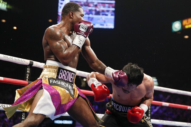 Manny Pacquiao, right, tries to avoid a left form Adrien Broner during the WBA welterweight title boxing match Saturday, Jan. 19, 2019, in Las Vegas. (AP Photo/John Locher) Manny Pacquiao, right, tries to avoid a left form Adrien Broner during the WBA welterweight title boxing match Saturday, Jan. 19, 2019, in Las Vegas. (AP Photo/John Locher)