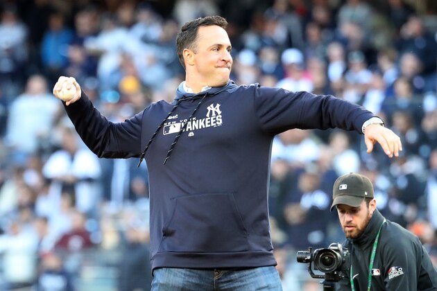 NEW YORK, NEW YORK - OCTOBER 05: Former New York Yankees Mark Teixeira throws out the first pitch prior to game two of the American League Division Series between the New York Yankees and the Minnesota Twins at Yankee Stadium on October 05, 2019 in New York City. (Photo by Al Bello/Getty Images)