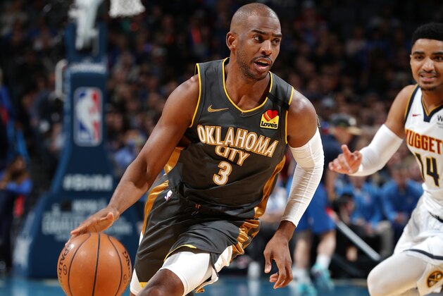 OKLAHOMA CITY, OK - FEBRUARY 21: Chris Paul #3 of the Oklahoma City Thunder drives to the basket against the Denver Nuggets on February 21, 2020 at Chesapeake Energy Arena in Oklahoma City, Oklahoma. NOTE TO USER: User expressly acknowledges and agrees that, by downloading and or using this photograph, User is consenting to the terms and conditions of the Getty Images License Agreement. Mandatory Copyright Notice: Copyright 2020 NBAE (Photo by Zach Beeker/NBAE via Getty Images)