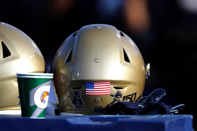 ANNAPOLIS, MARYLAND - AUGUST 31: A detail of the helmet a Navy Midshipmen helmet during their game against the Holy Cross Crusaders at Navy-Marine Corps Memorial Stadium on August 31, 2019 in Annapolis, Maryland. (Photo by Rob Carr/Getty Images)