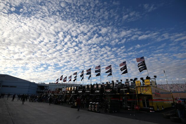 LAS VEGAS, NEVADA - FEBRUARY 21: Haulers are parked in the garage during practice for NASCAR Cup Series Penzoil 400 presented by Jiffy Lube at Las Vegas Motor Speedway on February 21, 2020 in Las Vegas, Nevada. (Photo by Matt Sullivan/Getty Images)