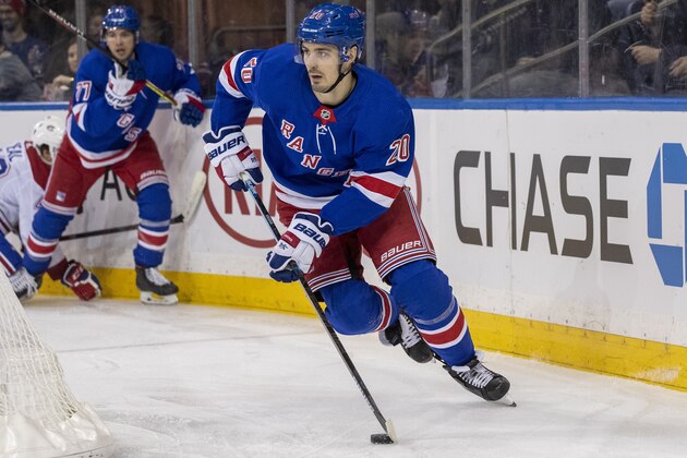 New York Rangers left wing Chris Kreider controls the puck during the first period of an NHL hockey game against the Montreal Canadiens, Friday, Dec. 6, 2019, at Madison Square Garden in New York. (AP Photo/Mary Altaffer)
