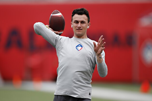 MEMPHIS, TN - MARCH24: Johnny Manziel #2 of the Memphis Express warms up before a game against the Birmingham Iron at the Liberty Bowl Memorial Stadium on March 24, 2019 in Memphis, Tennessee. The Express defeated the Iron 31-25.  (Photo by Wesley Hitt/AAF/Getty Images)