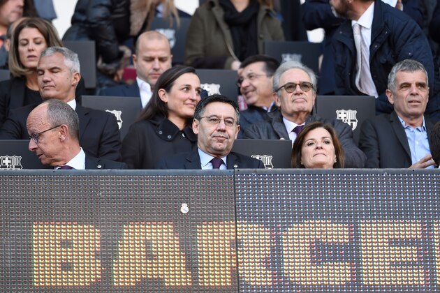 Spanish club's president Josep Maria Bartomeu (C) attends the Spanish league football match FC Barcelona against SD Eibar at the Camp Nou stadium in Barcelona on February 22, 2020. (Photo by Josep LAGO / AFP) (Photo by JOSEP LAGO/AFP via Getty Images)