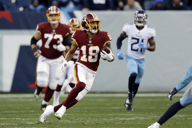 Washington Redskins wide receiver Josh Doctson (18) plays against the Tennessee Titans in the first half of an NFL football game Saturday, Dec. 22, 2018, in Nashville, Tenn. (AP Photo/James Kenney)