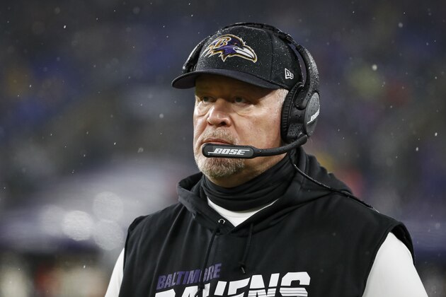 BALTIMORE, MD - DECEMBER 29: Defensive coordinator Don Martindale of the Baltimore Ravens looks on during the second half of the game against the Pittsburgh Steelers at M&T Bank Stadium on December 29, 2019 in Baltimore, Maryland. (Photo by Scott Taetsch/Getty Images)