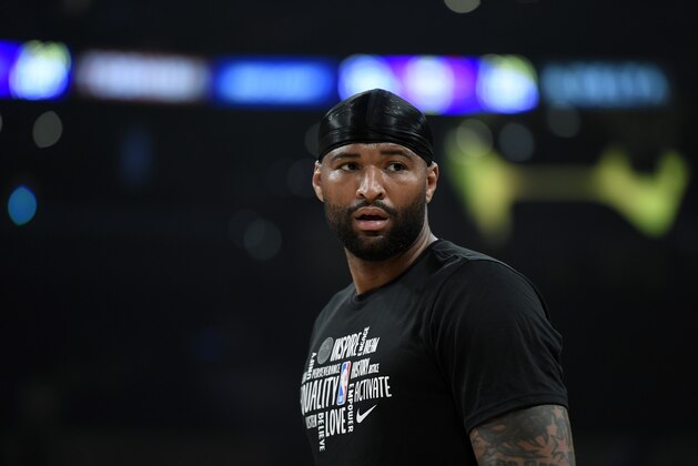 LOS ANGELES, CA - FEBRUARY 21: DeMarcus Cousins #15 of the Los Angeles Lakers works out prior to the start of a basketball game against the Memphis Grizzlies at Staples Center on February 21, 2020 in Los Angeles, California. NOTE TO USER: User expressly acknowledges and agrees that, by downloading and or using this photograph, User is consenting to the terms and conditions of the Getty Images License Agreement. (Photo by Kevork Djansezian/Getty Images)