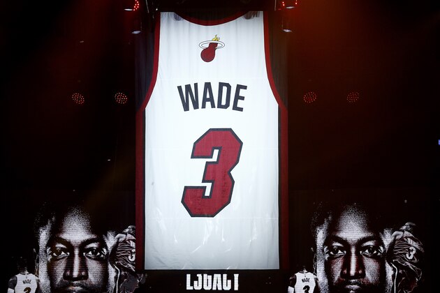 MIAMI, FLORIDA - FEBRUARY 21:  A general view of the banner for Dwyane Wade retired jersey which was revealed during the Miami Heat Dwyane Wade L3GACY Celebration at American Airlines Arena on February 21, 2020 in Miami, Florida. (Photo by Michael Reaves/Getty Images)