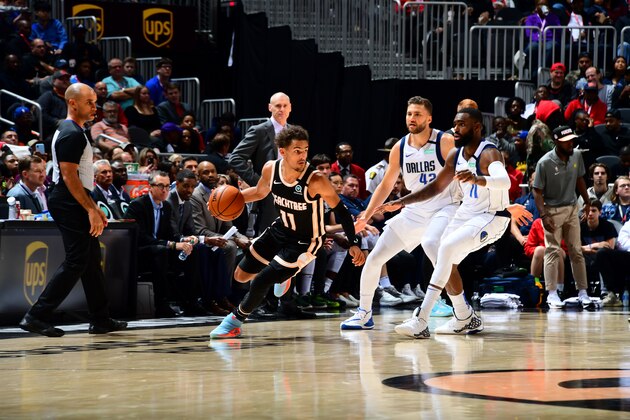 ATLANTA, GA - FEBRUARY 22: Trae Young #11 of the Atlanta Hawks handles the ball against the Dallas Mavericks on February 22, 2020 at State Farm Arena in Atlanta, Georgia. NOTE TO USER: User expressly acknowledges and agrees that, by downloading and/or using this Photograph, user is consenting to the terms and conditions of the Getty Images License Agreement. Mandatory Copyright Notice: Copyright 2020 NBAE (Photo by Scott Cunningham/NBAE via Getty Images) ATLANTA, GA - FEBRUARY 22: Trae Young #11 of the Atlanta Hawks handles the ball against the Dallas Mavericks on February 22, 2020 at State Farm Arena in Atlanta, Georgia. NOTE TO USER: User expressly acknowledges and agrees that, by downloading and/or using this Photograph, user is consenting to the terms and conditions of the Getty Images License Agreement. Mandatory Copyright Notice: Copyright 2020 NBAE (Photo by Scott Cunningham/NBAE via Getty Images)
