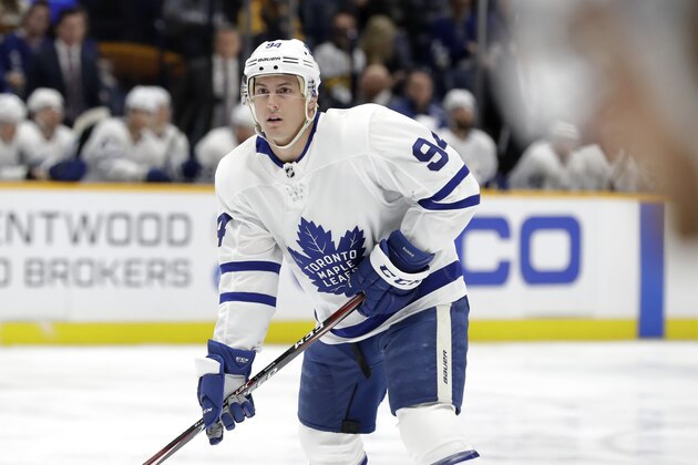 Toronto Maple Leafs defenseman Tyson Barrie plays against the Nashville Predators in the first period of an NHL hockey game Monday, Jan. 27, 2020, in Nashville, Tenn. (AP Photo/Mark Humphrey)