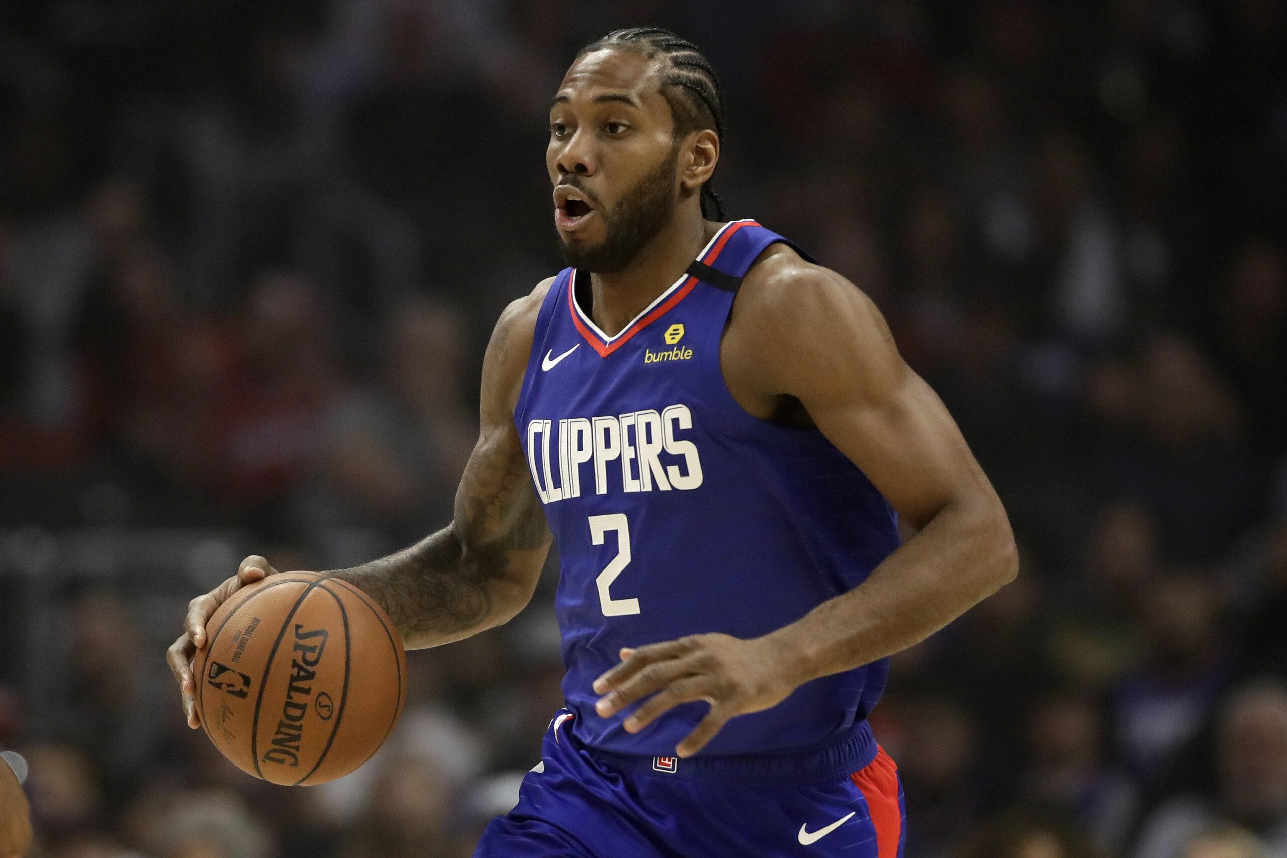 Los Angeles Clippers' Kawhi Leonard (2) in action against the Sacramento Kings during the first half of an NBA basketball game Saturday, Feb. 22, 2020, in Los Angeles. (AP Photo/Marcio Jose Sanchez)