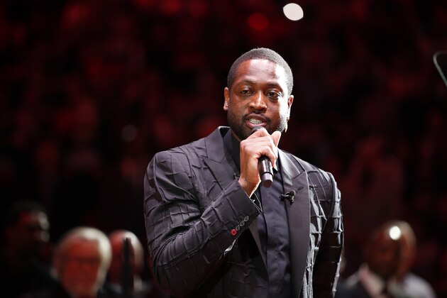 MIAMI, FL - FEBRUARY 22: NBA Legend, Dwayne Wade speaks to the crowd during his jersey retirement ceremony on February 22, 2020 at American Airlines Arena in Miami, Florida. NOTE TO USER: User expressly acknowledges and agrees that, by downloading and or using this Photograph, user is consenting to the terms and conditions of the Getty Images License Agreement. Mandatory Copyright Notice: Copyright 2020 NBAE (Photo by Jeff Haynes/NBAE via Getty Images)