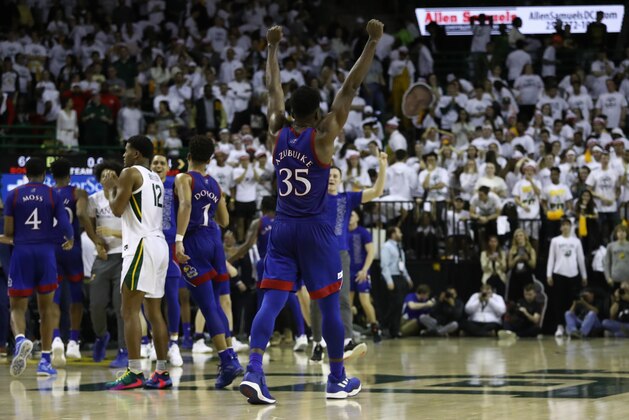 WACO, TEXAS - FEBRUARY 22: Udoka Azubuike #35 of the Kansas Jayhawks celebrates a 64-61 win against the Baylor Bears at Ferrell Center on February 22, 2020 in Waco, Texas. (Photo by Ronald Martinez/Getty Images) WACO, TEXAS - FEBRUARY 22: Udoka Azubuike #35 of the Kansas Jayhawks celebrates a 64-61 win against the Baylor Bears at Ferrell Center on February 22, 2020 in Waco, Texas. (Photo by Ronald Martinez/Getty Images)