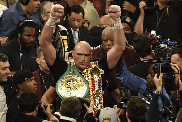 LAS VEGAS, NV - FEBRUARY 22: Tyson Fury holds his belts after going 7 rounds with Deontay Wilder at the MGM Grand Hotel February 22, 2020 in Las Vegas, Nevada. Las Vegas NV. Tyson Fury took the win by win TKO in the 7th round as the towel was thrown in from Wilder's corner for the world heavyweight championship in Las Vegas, Nevada.   (Photo by MB Media/Getty Images)