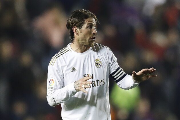 VALENCIA, SPAIN - FEBRUARY 22: Sergio Ramos of Real Madrid gestures after the Liga match between Levante UD and Real Madrid CF at Ciutat de Valencia on February 22, 2020 in Valencia, Spain. (Photo by Eric Alonso/Getty Images)