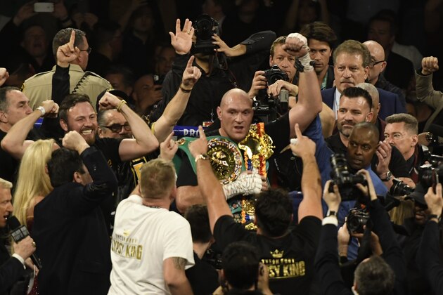 LAS VEGAS, NV - FEBRUARY 22: Tyson Fury holds his belts after going 7 rounds with Deontay Wilder at the MGM Grand Hotel February 22, 2020 in Las Vegas, Nevada. Las Vegas NV. Tyson Fury took the win by win TKO in the 7th round as the towel was thrown in from Wilder's corner for the world heavyweight championship in Las Vegas, Nevada.   (Photo by MB Media/Getty Images)