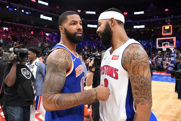 DETROIT, MI - NOVEMBER 6: Marcus Morris Sr. #13 of the New York Knicks talks with Markieff Morris #8 of the Detroit Pistons after the game on November 6, 2019 at Little Caesars Arena in Detroit, Michigan. NOTE TO USER: User expressly acknowledges and agrees that, by downloading and/or using this photograph, User is consenting to the terms and conditions of the Getty Images License Agreement. Mandatory Copyright Notice: Copyright 2019 NBAE (Photo by Chris Schwegler/NBAE via Getty Images)