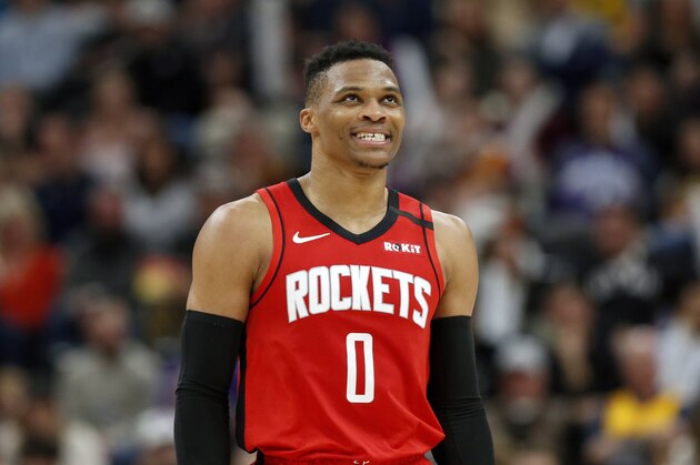 Houston Rockets' Russell Westbrook during an NBA basketball game against the Utah Jazz on Saturday, Feb. 22, 2020, in Salt Lake City. The Houston Rockets defeated the Utah Jazz 120-110. (AP Photo/Kim Raff)