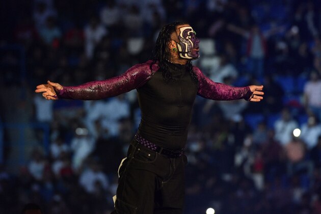 Jeff Hardy makes his way to the ring during the WWE World Cup Quarterfinal match as part of as part of the World Wrestling Entertainment (WWE) Crown Jewel pay-per-view at the King Saud University Stadium in Riyadh on November 2, 2018. (Photo by Fayez Nureldine / AFP)        (Photo credit should read FAYEZ NURELDINE/AFP via Getty Images)