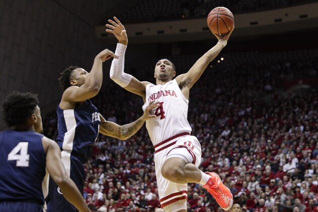 Indiana forward Trayce Jackson-Davis (4) shoots over Penn State forward Seth Lundy (1) in the first half of an NCAA college basketball game in Bloomington, Ind., Sunday, Feb. 23, 2020. (AP Photo/Michael Conroy) Indiana forward Trayce Jackson-Davis (4) shoots over Penn State forward Seth Lundy (1) in the first half of an NCAA college basketball game in Bloomington, Ind., Sunday, Feb. 23, 2020. (AP Photo/Michael Conroy)