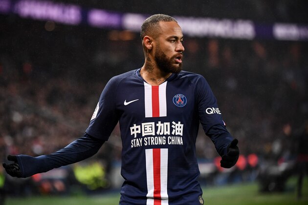 A slogan pertaining to China is seen on the jersey of Paris Saint-Germain's Brazilian forward Neymar during the French L1 football match between Paris Saint-Germain (PSG) and Girondins de Bordeaux at the Parc des Princes stadium in Paris, on February 23, 2020. (Photo by FRANCK FIFE / AFP) (Photo by FRANCK FIFE/AFP via Getty Images)