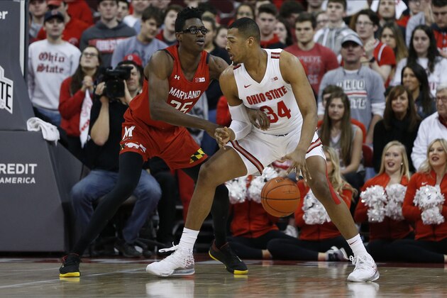 Ohio State's Kaleb Wesson, right, posts up against Maryland's Jalen Smith during the first half of an NCAA college basketball game Sunday, Feb. 23, 2020, in Columbus, Ohio. (AP Photo/Jay LaPrete)