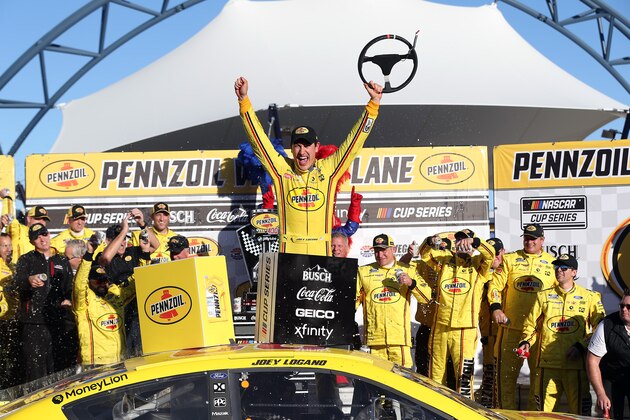 LAS VEGAS, NEVADA - FEBRUARY 23: Joey Logano, driver of the #22 Pennzoil Ford, celebrates in Victory Lane after winning the NASCAR Cup Series Pennzoil 400 at Las Vegas Motor Speedway on February 23, 2020 in Las Vegas, Nevada. (Photo by Matt Sullivan/Getty Images)