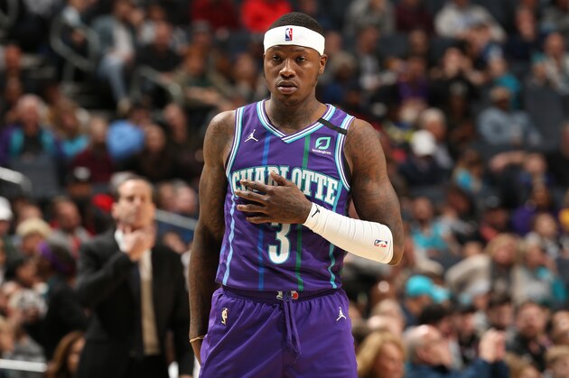 CHARLOTTE, NC - FEBRUARY 22: Terry Rozier #3 of the Charlotte Hornets looks on during the game against the Brooklyn Nets on February 22, 2020 at Spectrum Center in Charlotte, North Carolina. NOTE TO USER: User expressly acknowledges and agrees that, by downloading and or using this photograph, User is consenting to the terms and conditions of the Getty Images License Agreement. Mandatory Copyright Notice: Copyright 2020 NBAE (Photo by Kent Smith/NBAE via Getty Images)