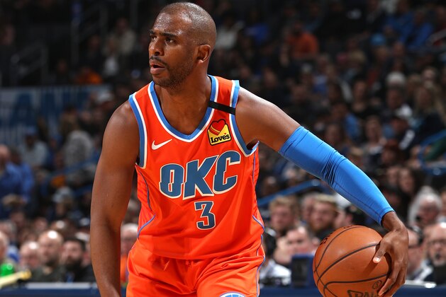 OKLAHOMA CITY, OK - FEBRUARY 23:  Chris Paul #3 of the Oklahoma City Thunder handles the ball against the San Antonio Spurs on February 23, 2020 at Chesapeake Energy Arena in Oklahoma City, Oklahoma. NOTE TO USER: User expressly acknowledges and agrees that, by downloading and or using this photograph, User is consenting to the terms and conditions of the Getty Images License Agreement. Mandatory Copyright Notice: Copyright 2020 NBAE (Photo by Zach Beeker/NBAE via Getty Images)