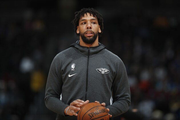 New Orleans Pelicans center Jahlil Okafor (8) in the first half of an NBA basketball game Wednesday, Dec. 25, 2019, in Denver. (AP Photo/David Zalubowski)