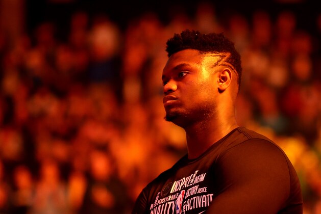 SAN FRANCISCO, CALIFORNIA - FEBRUARY 23: Zion Williamson #1 of the New Orleans Pelicans stands during pregame player introductions before their game against the Golden State Warriors at Chase Center on February 23, 2020 in San Francisco, California. NOTE TO USER: User expressly acknowledges and agrees that, by downloading and or using this photograph, User is consenting to the terms and conditions of the Getty Images License Agreement. (Photo by Ezra Shaw/Getty Images) SAN FRANCISCO, CALIFORNIA - FEBRUARY 23: Zion Williamson #1 of the New Orleans Pelicans stands during pregame player introductions before their game against the Golden State Warriors at Chase Center on February 23, 2020 in San Francisco, California. NOTE TO USER: User expressly acknowledges and agrees that, by downloading and or using this photograph, User is consenting to the terms and conditions of the Getty Images License Agreement. (Photo by Ezra Shaw/Getty Images)