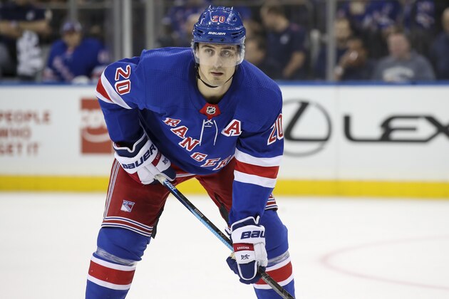 New York Rangers center Chris Kreider lines up for a face-off during the second period of an NHL hockey game against the Boston Bruins, Sunday, Oct. 27, 2019, at Madison Square Garden in New York. (AP Photo/Mary Altaffer)