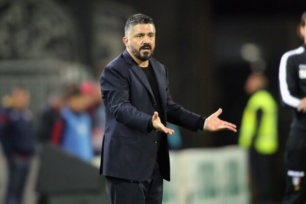 CAGLIARI, ITALY - FEBRUARY 16: Gennaro Gattuso coach of Milan reacts during the Serie A match between Cagliari Calcio and  SSC Napoli at Sardegna Arena on February 16, 2020 in Cagliari, Italy.  (Photo by Enrico Locci/Getty Images)