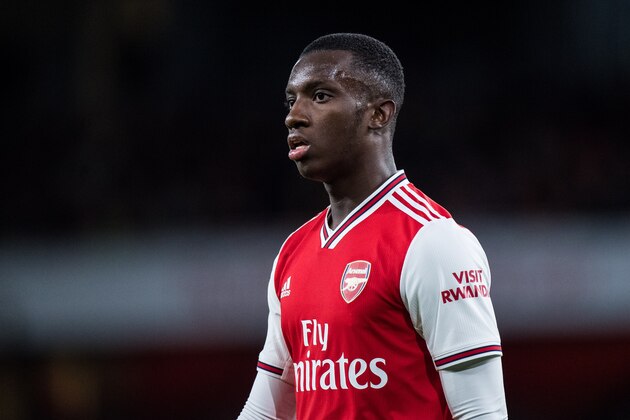 LONDON, ENGLAND - FEBRUARY 23: Eddie Nketiah of Arsenal FC looks on during the Premier League match between Arsenal FC and Everton FC at Emirates Stadium on February 23, 2020 in London, United Kingdom. (Photo by Sebastian Frej/MB Media/Getty Images)