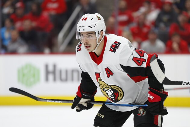 Ottawa Senators center Jean-Gabriel Pageau (44) plays against the Detroit Red Wings in the second period of an NHL hockey game Tuesday, Nov. 19, 2019, in Detroit. (AP Photo/Paul Sancya)