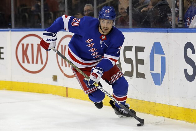 New York Rangers left wing Chris Kreider (20) in action against the Los Angeles Kings in the second period of an NHL hockey game Sunday, Feb. 9, 2020, in New York. (AP Photo/Adam Hunger)
