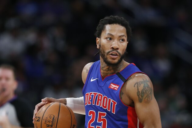 Detroit Pistons guard Derrick Rose controls the ball during the second half of an NBA basketball game, Thursday, Feb. 20, 2020, in Detroit. (AP Photo/Carlos Osorio)