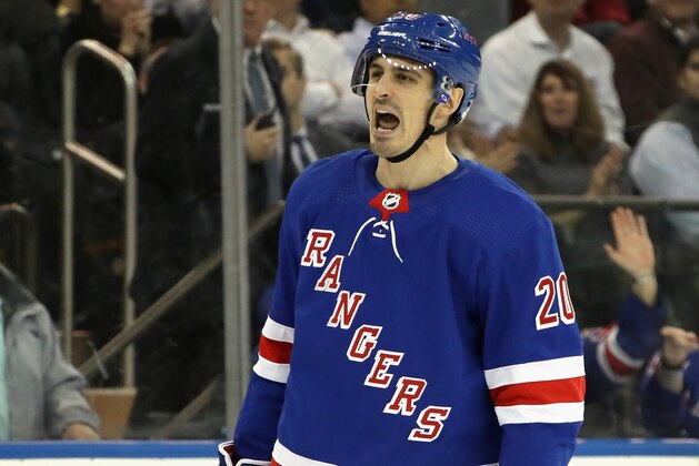 NEW YORK, NEW YORK - DECEMBER 16: Chris Kreider #20 of the New York Rangers yells at Mattias Ekholm #14 of the Nashville Predators after a second period penalty on Ekholm at Madison Square Garden on December 16, 2019 in New York City. (Photo by Bruce Bennett/Getty Images)
