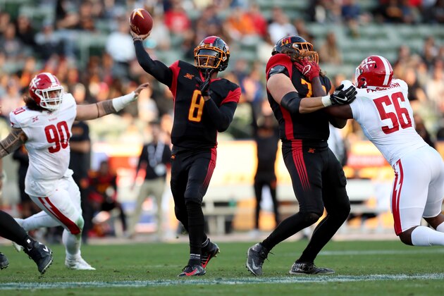 CARSON, CA - FEBRUARY 23: Josh Johnson #8 of the LA Wildcats throws the ball against the DC Defenders during the XFL game at Dignity Health Sports Park on February 23, 2020 in Carson, California. (Photo by Ryan Kang/XFL via Getty Images)