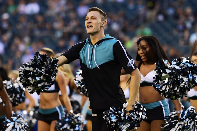 PHILADELPHIA, PA - AUGUST 08: Kyle Tanguay, the first male cheerleader for the Philadelphia Eagles, performs before a preseason game against the Tennessee Titans at Lincoln Financial Field on August 8, 2019 in Philadelphia, Pennsylvania. The Titans defeated the Eagles 27-10. (Photo by Corey Perrine/Getty Images) PHILADELPHIA, PA - AUGUST 08: Kyle Tanguay, the first male cheerleader for the Philadelphia Eagles, performs before a preseason game against the Tennessee Titans at Lincoln Financial Field on August 8, 2019 in Philadelphia, Pennsylvania. The Titans defeated the Eagles 27-10. (Photo by Corey Perrine/Getty Images)